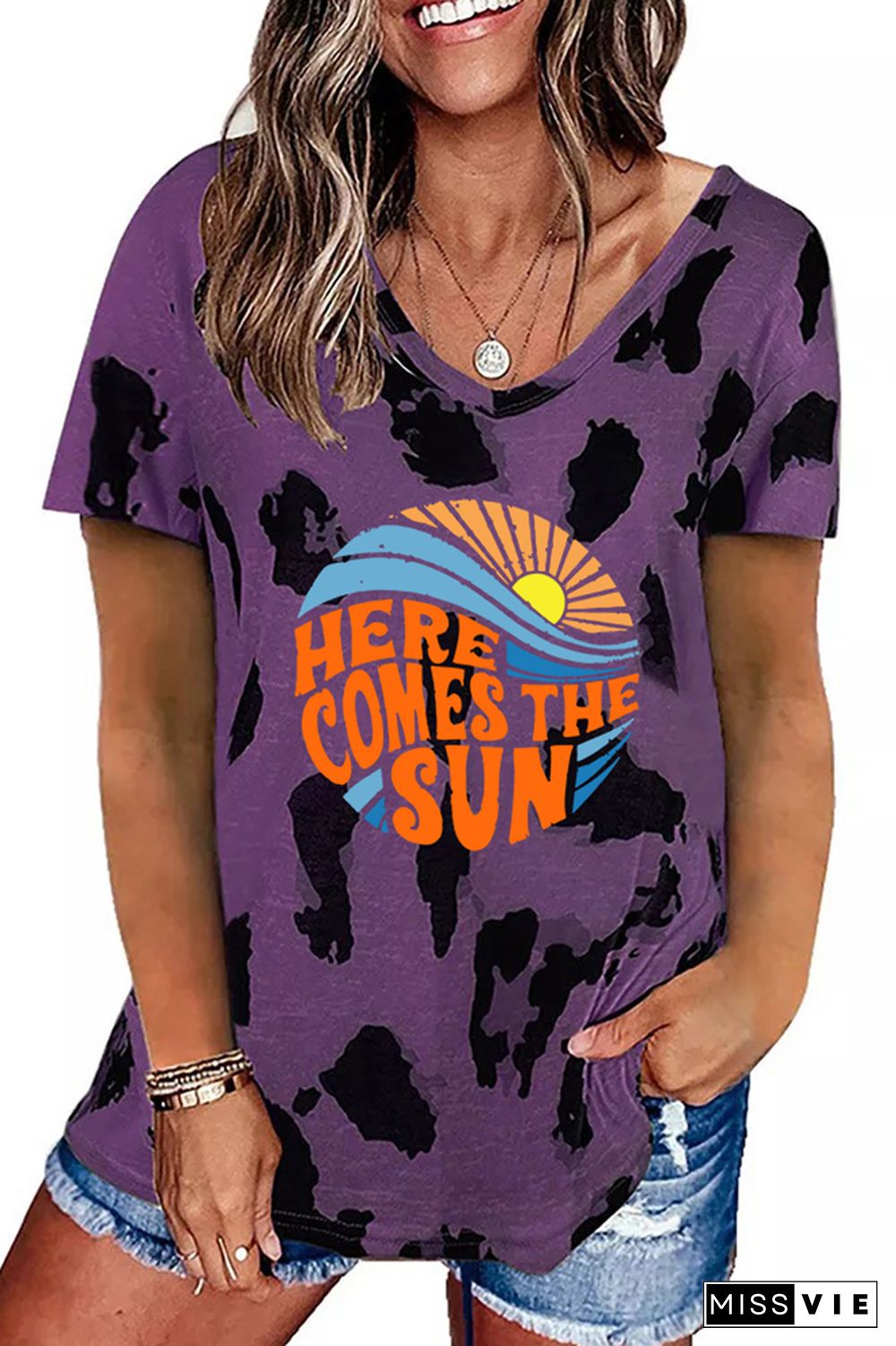 Here Comes the Sun Leopard Printed Casual Loose Short Sleeve T-shirt