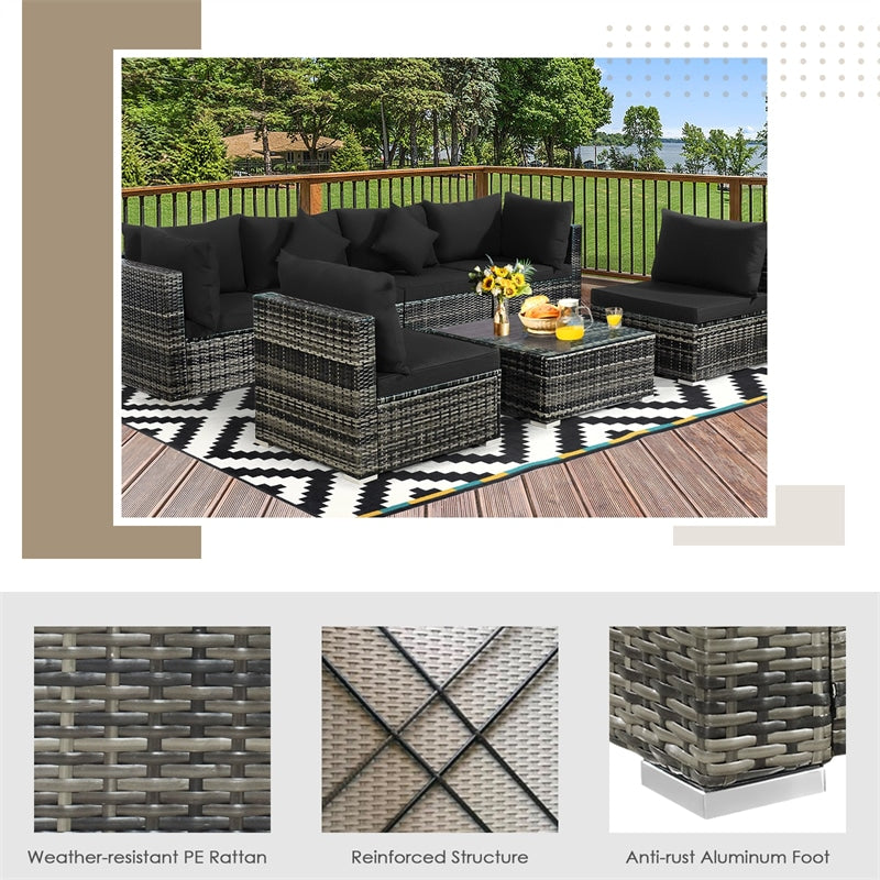 7 Pcs Rattan Patio Sectional Couch Set Outdoor Wicker Furniture Set with Cushions & Coffee Table