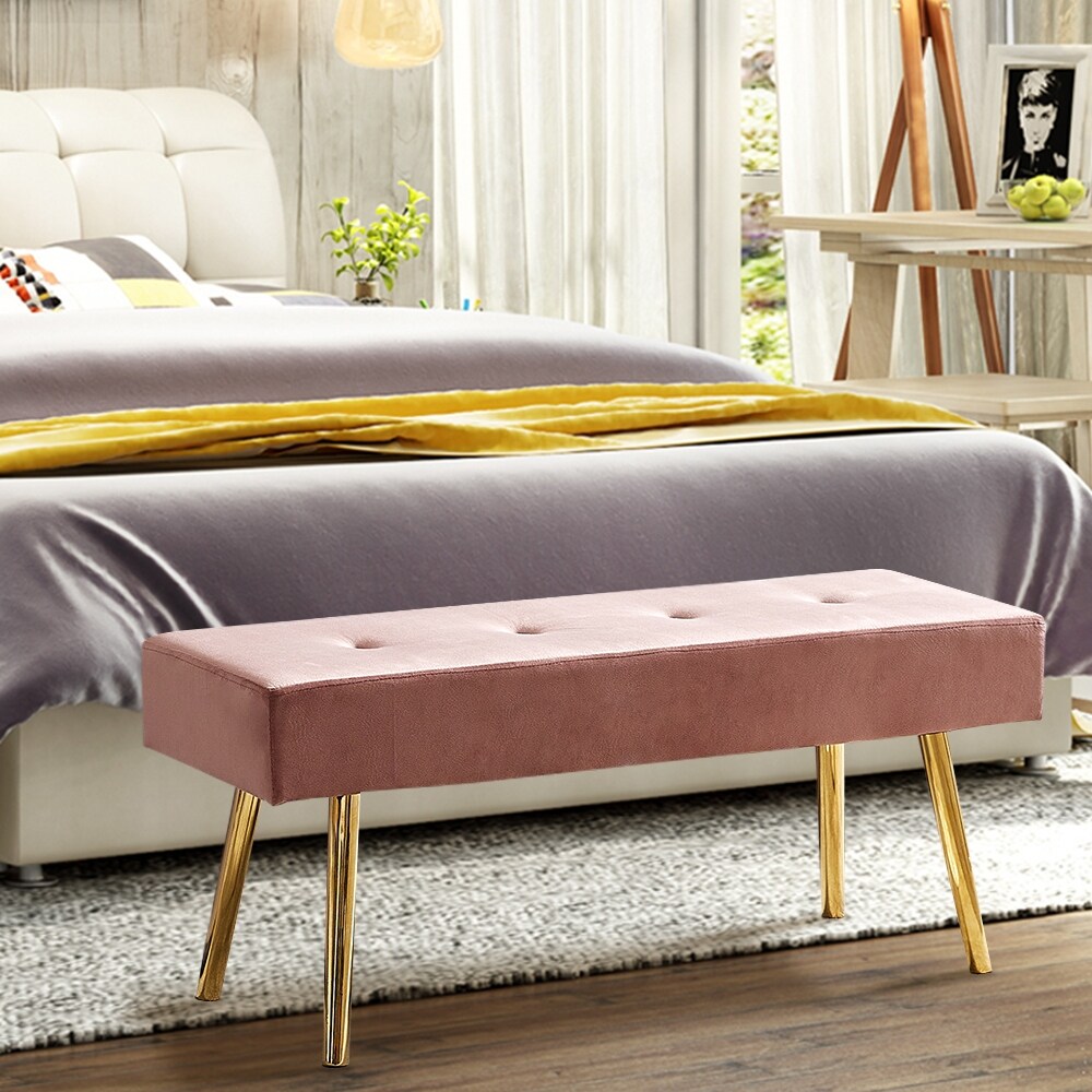 Modern Bedroom Bed End Stool Bed Benches Tufted Velvet with Gold Legs