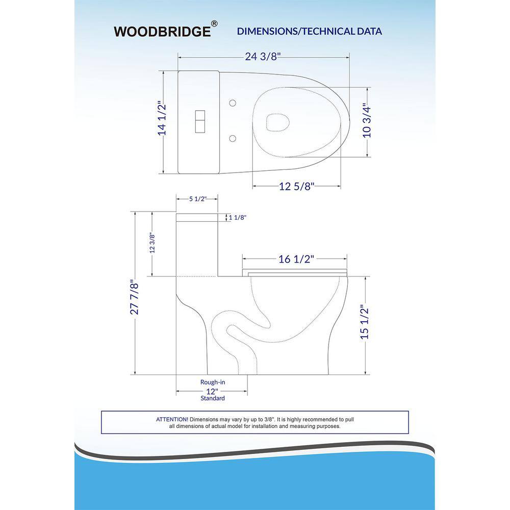 WOODBRIDGE Brick 1-Piece 1.11.6 GPF High Efficiency Dual Flush All-In-One Round Toilet in White with Soft Closed Seat Included HB0500-A