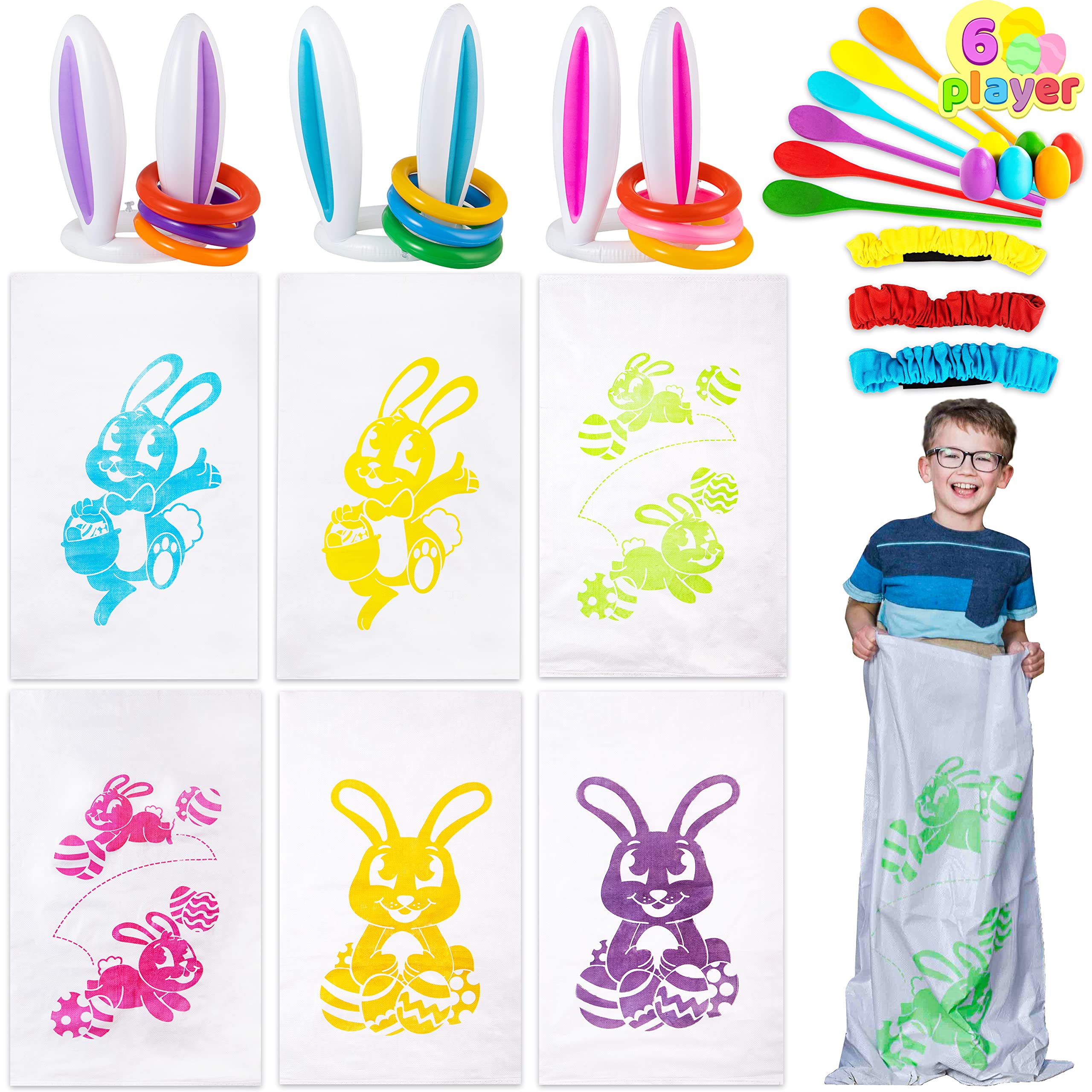 JOYIN 6 Player Potato Sack Race Jumping Bags， Spoon and Egg Race， Legged Relay Race Bands Elastic Tie Rope for Easter Theme Party Favor， Outside Lawn Games， Easter Eggs Hunt Game Activities