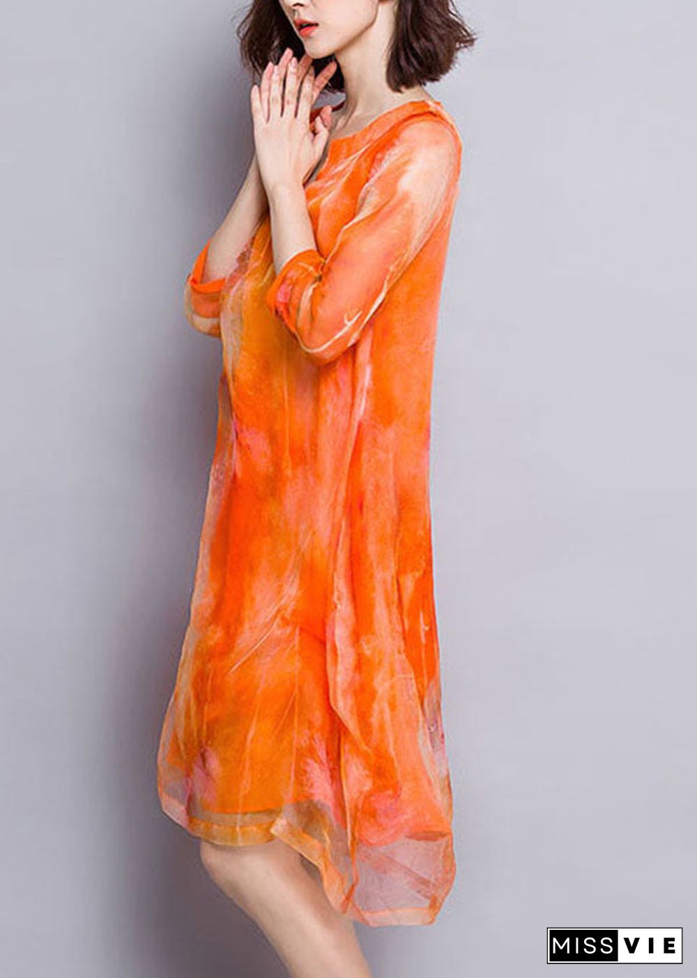 Beautiful Orange V Neck Print Layered Design Silk Vacation Dress Half Sleeve