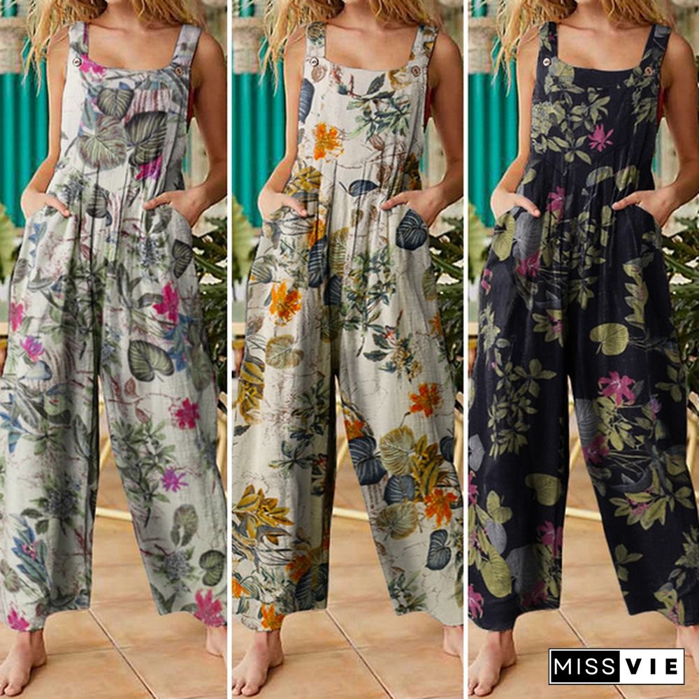 VONDA Women Floral Print Wide Leg Bib Overalls Long Trousers Summer Sleeveless Cotton Jumpsuits Rompers Plus Size Pantalon femme