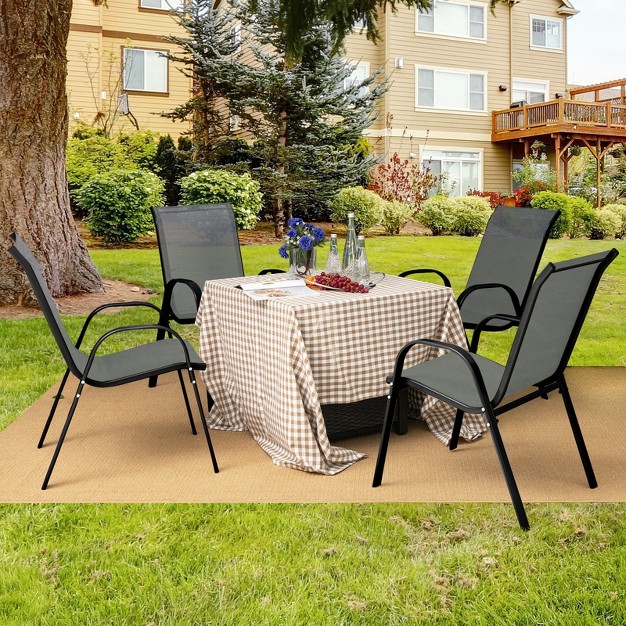 Costway Set Of 4 Patio Dining Chairs Stackable Armrest Space Saving Garden Brown grey