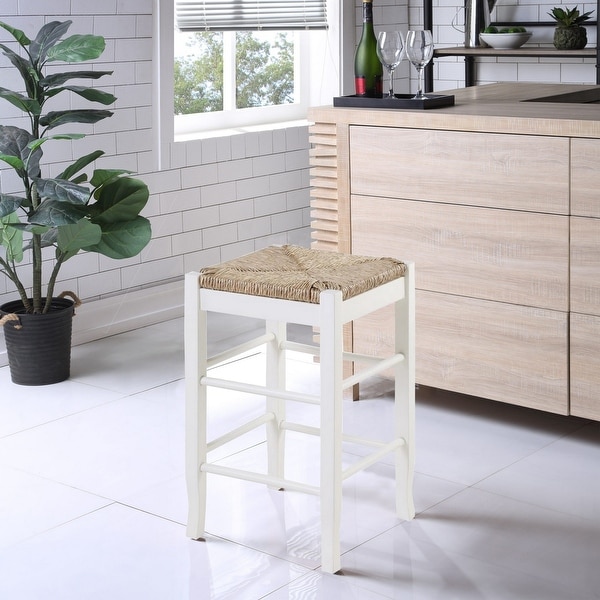 Square Wooden Frame Counter Stool with Hand Woven Rush， White and Brown