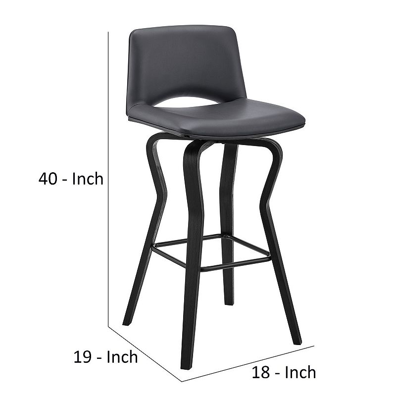 30 Inch Swivel Barstool， Vegan Faux Leather Upholstery， Wood Support， Gray， Black