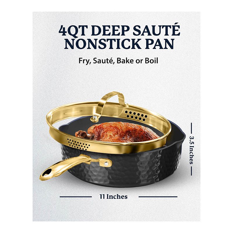 Granitestone Diamond Charleston Collection 4-Quart Hammered Nonstick Deep Sauté Pan with Strainer Glass Lid