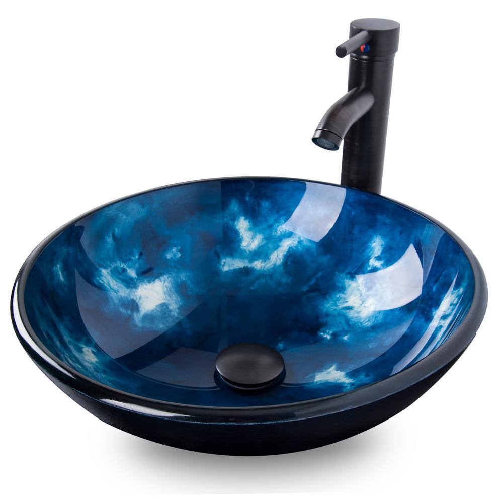 Puluomis Ocean Blue Glass Round Vessel Sink with Faucet Pop Up Drain Set USBA20077