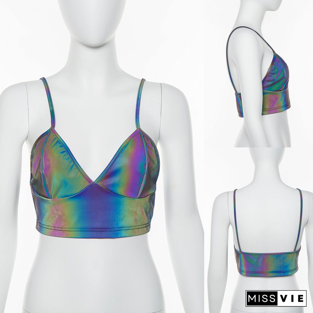 Women V Neck Sexy Holographic Bralette Crop Top Reflective Strap Fashion Camis Hot Summer Sleeveless Backless Tank Tops