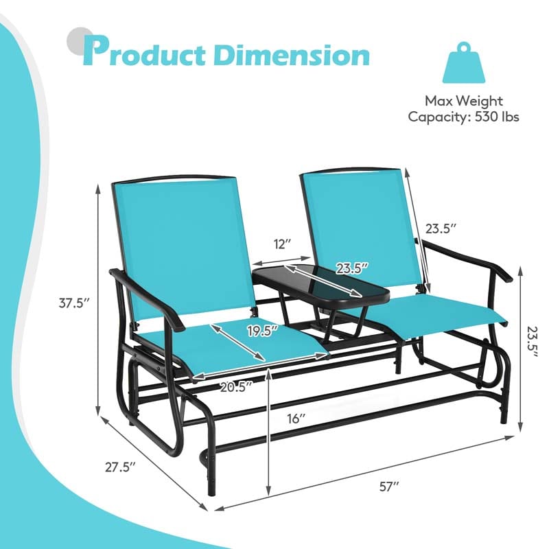 2-Person Outdoor Bench Glider Chair with Center Table, Mesh Fabric Rocking Loveseat for Patio