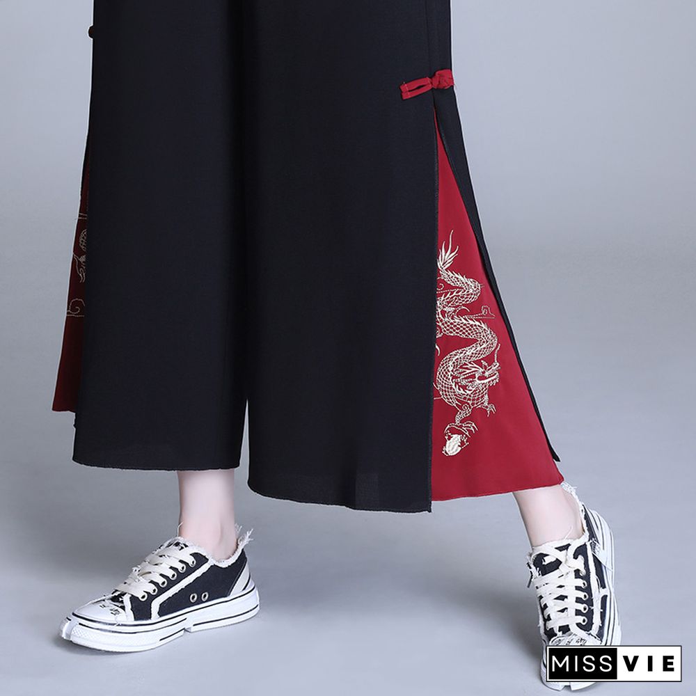 Vintage Dragon Embroidery Side Split Casual Pants