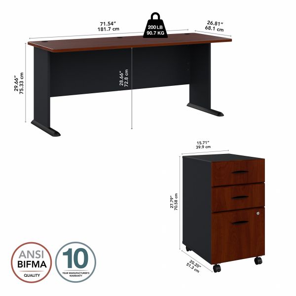 Bush Business Furniture Series A 72W Desk with Mobile File Cabinet in Hansen Cherry and Galaxy