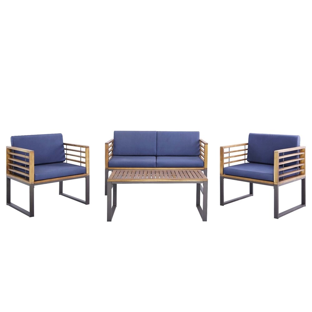 4pcs Patio Acacia Wood Chair Table Loveseat Cushioned Furniture Set