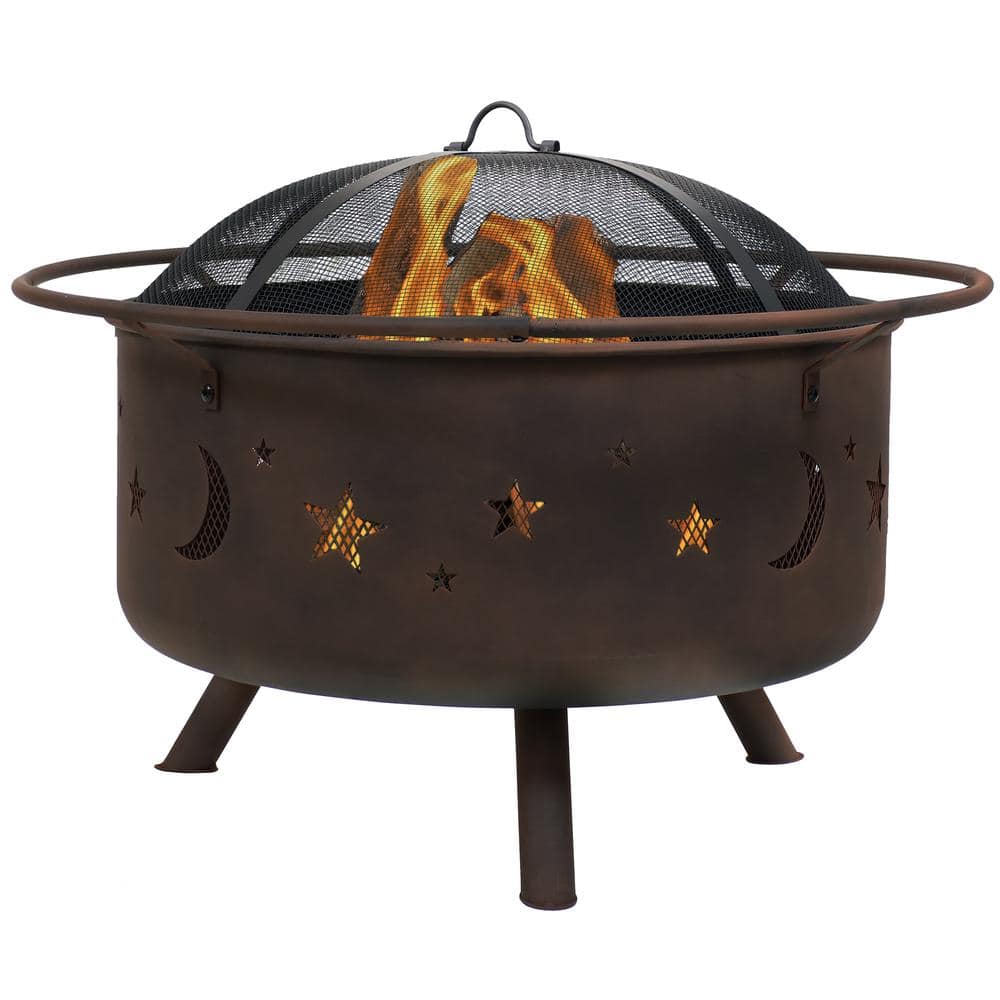 Sunnydaze Decor Cosmic 30 in. x 20 in. Round Bronze Steel Wood Burning Fire Pit with Cooking Grill and Spark Screen NB-MS201