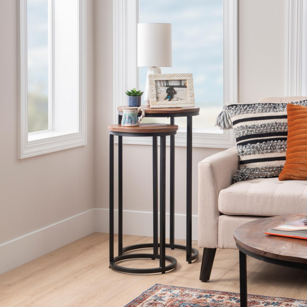 Set of 2 Nesting Side Table  Ringed Metal Base With Round Mango Wood Top  Brown   Industrial   Coffee Table Sets   by Decor Love  Houzz