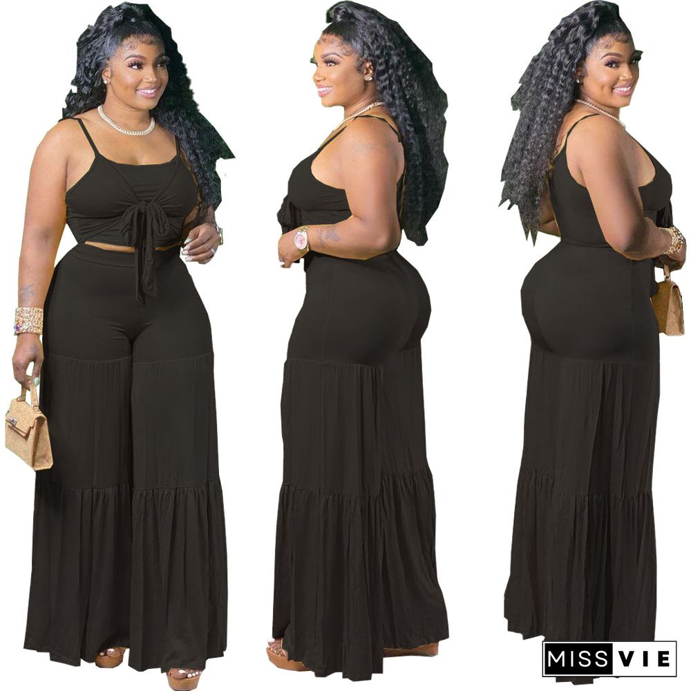 Women Plus Size Solid Color Spaghetti Strap Lace-up Crop Tops Wide Leg Pants Casual Loose 2 Pieces Set