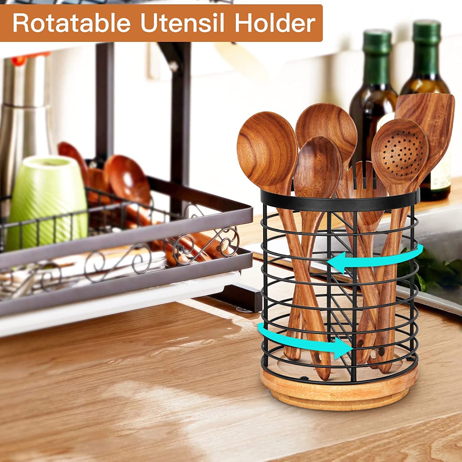 Utensil Holder For Kitchen Counter， Cooking Utensils Holder， Black Metal+Wooden Base Utens