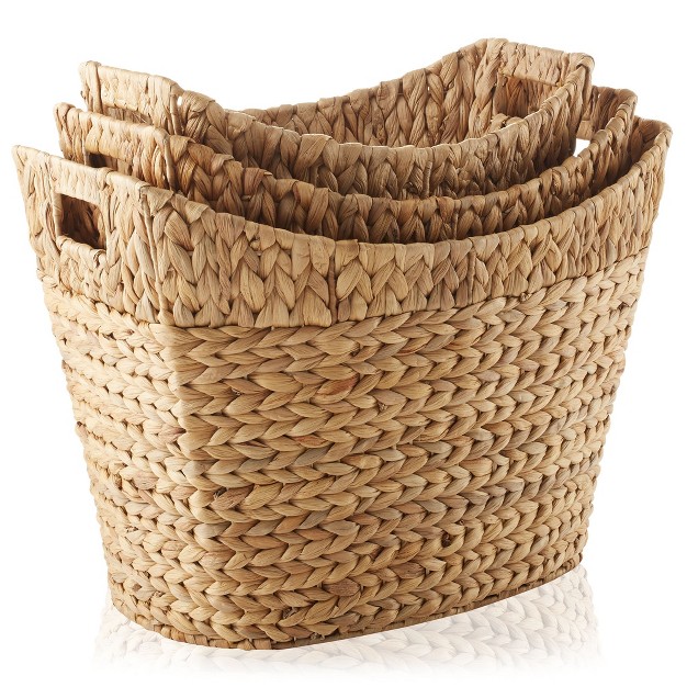 Casafield Set Of 3 Water Hyacinth Oval Baskets With Handles Woven Storage Totes For Blankets Laundry Bathroom Bedroom Living Room