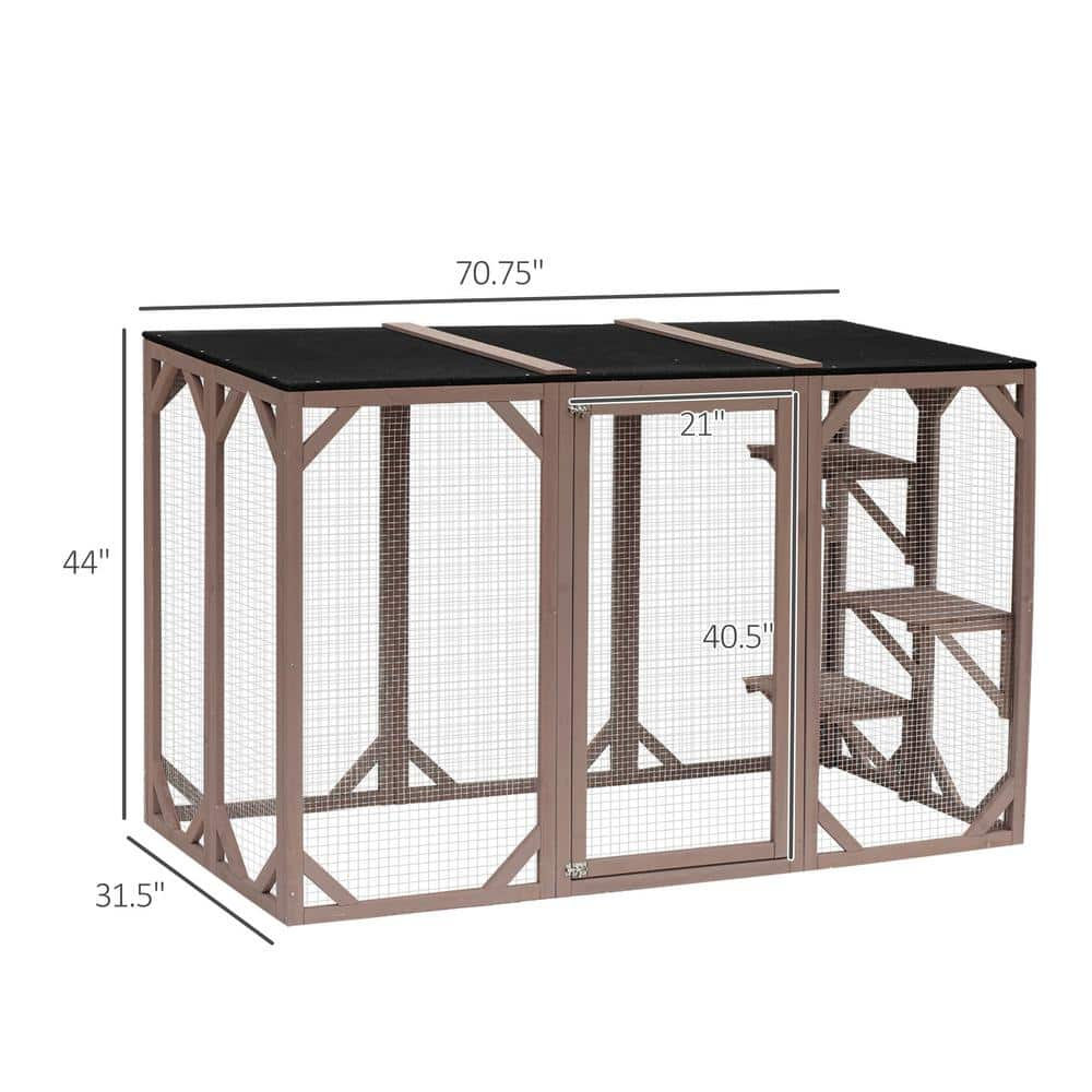 PawHut 71 in. L Orange Wooden Outdoor Cat House with Asphalt Roof, Multi-Level Platforms, and Large Enter Door D32-002OG