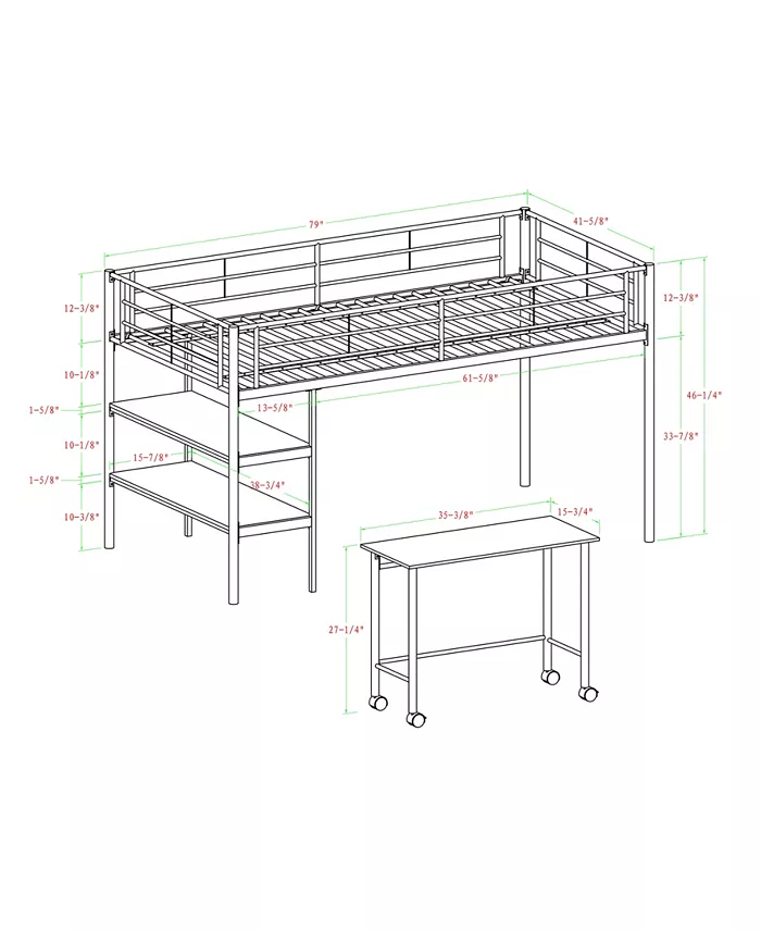 Walker Edison Premium Metal Twin Low Loft Bed with Desk - Black