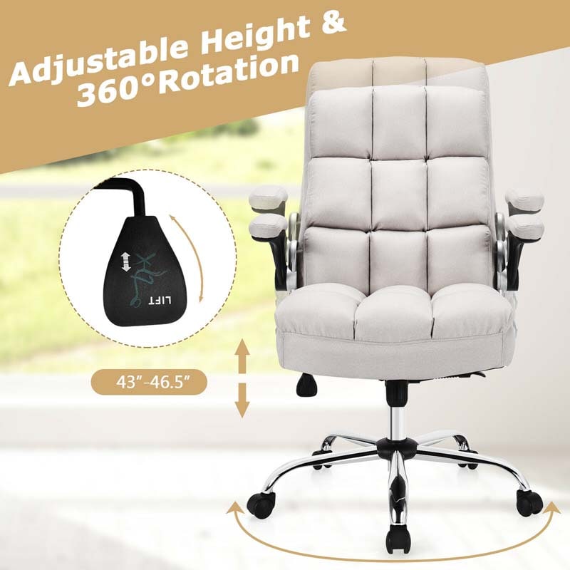 Linen Fabric Thick Padding Big & Tall Executive Office Chair with Flip-up Armrest, Swivel High Back Computer Desk Chair