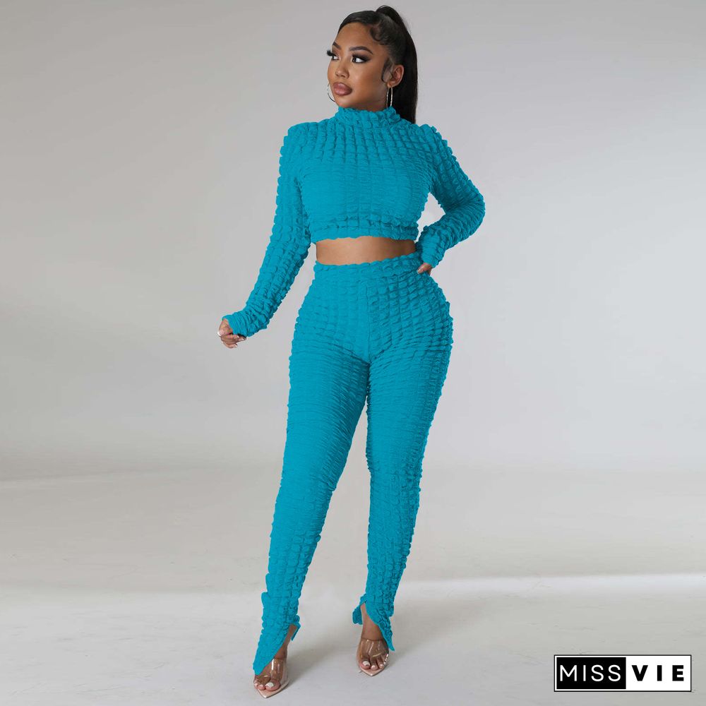 Winter Turtleneck Crop Top Split Pants Two Pieces Set