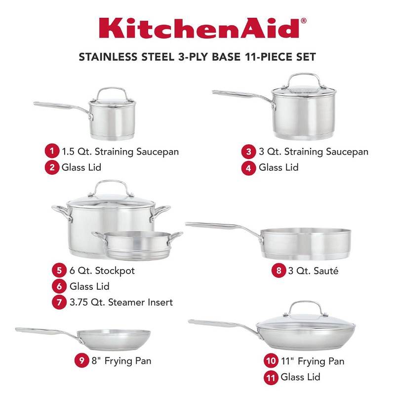 11-Piece Stainless Steel 3-Ply Base Cookware Set | KitchenAid