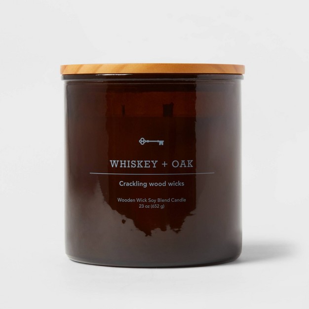 3 wick Amber Glass Whiskey Oak Lidded Wood Wick Jar Candle 21oz