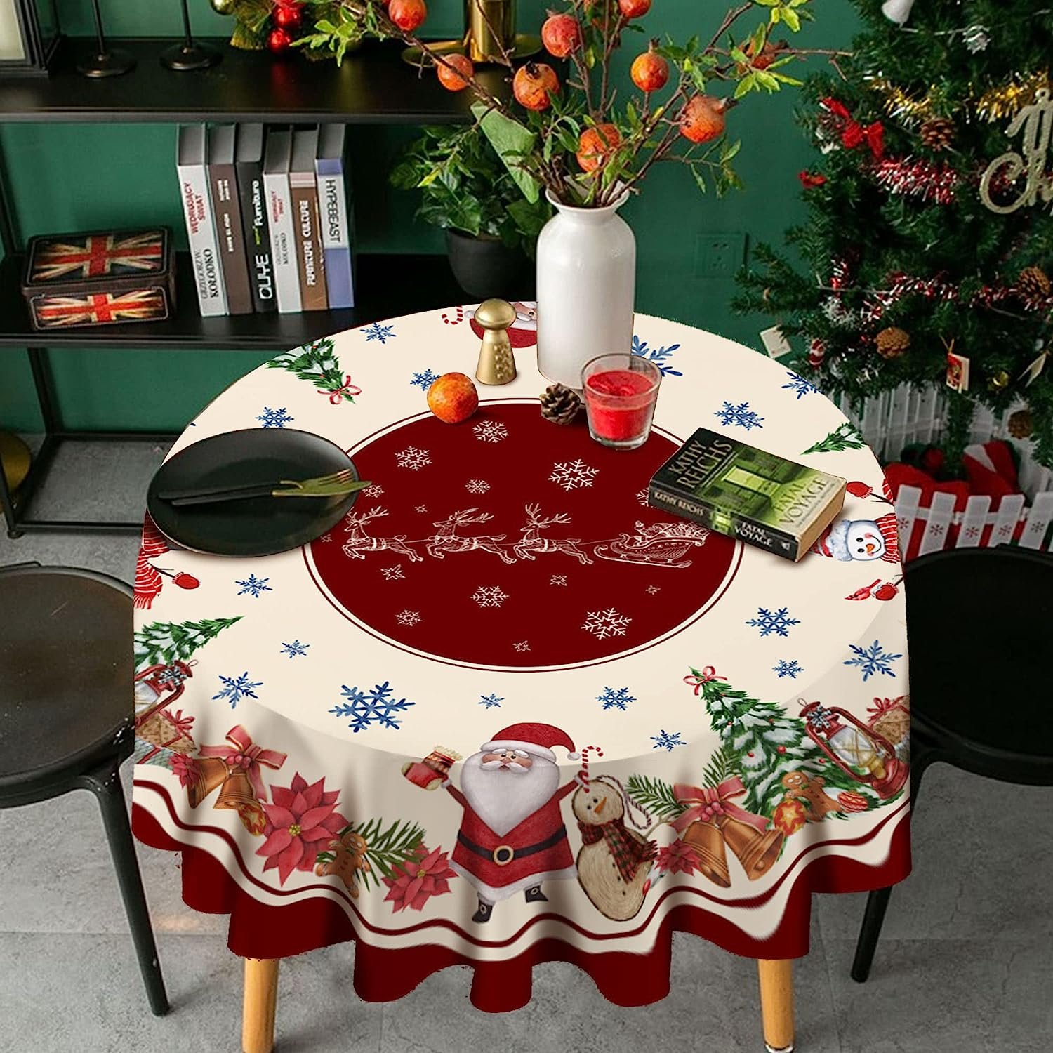 Round Christmas Tablecloth 70 Inch， Snowman Tablecloth， Winter Holiday Kitchen Christmas