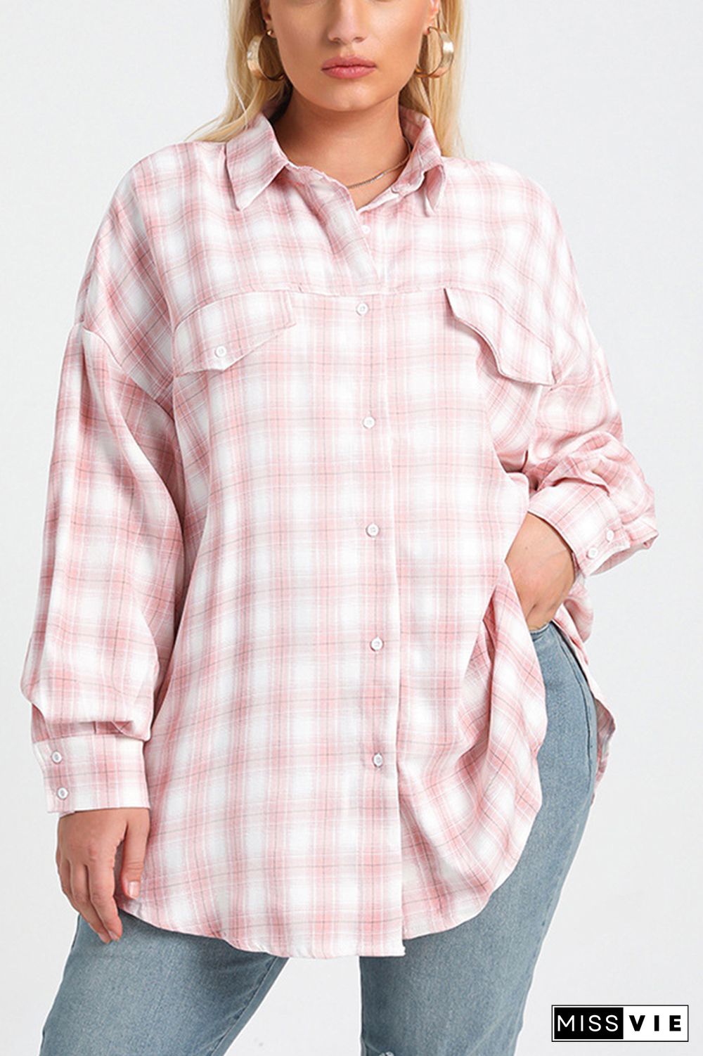 Plus Size Pink Plaid Shacket Loose Blouse Shirts Wholesale