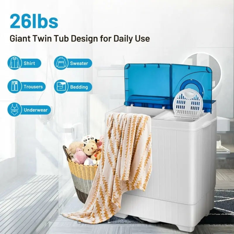 26lbs Portable Semi-automatic Washing Machine with Built-in Drain Pump Twin Tub Washer Spinner Combo