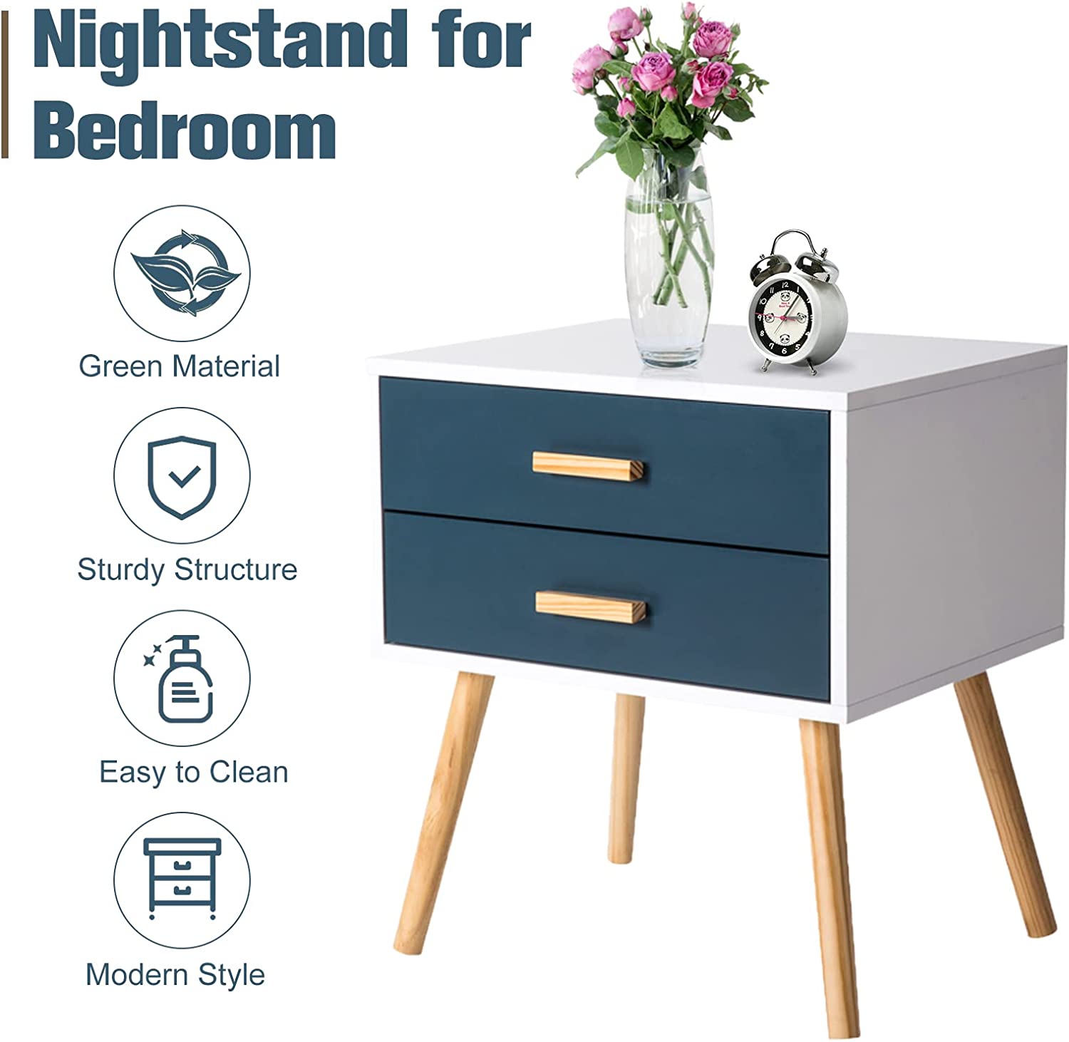 Kinbor Side End Table Nightstand Bedroom Living Room Table Cabinet With 2 Drawers Storage