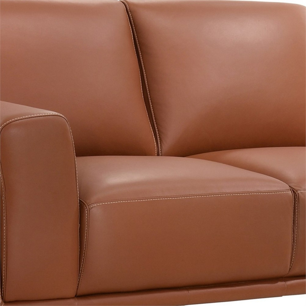 Leather Upholstered Loveseat with Track Arms and Contrast StitchingPink   Midcentury   Loveseats   by Homesquare  Houzz