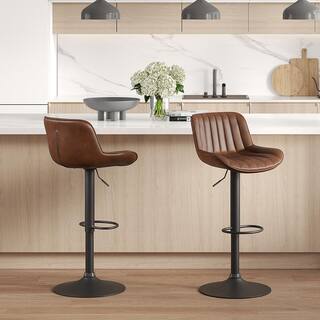 Art Leon Modern Cognac Faux Leather Swivel Adjustable Height Bar Stools with Black Base Set of 2 BS006-4