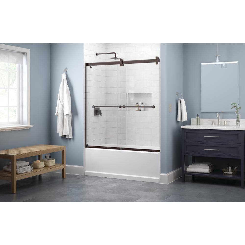 Delta Lyndall 60 x 58-34 in. Frameless Contemporary Sliding Bathtub Door in Bronze with Clear Glass SD2546691