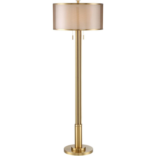 Tall Brass Metal Sheer Organza Outer Linen Inner Drum Shade For Living Room Bedroom Office Home