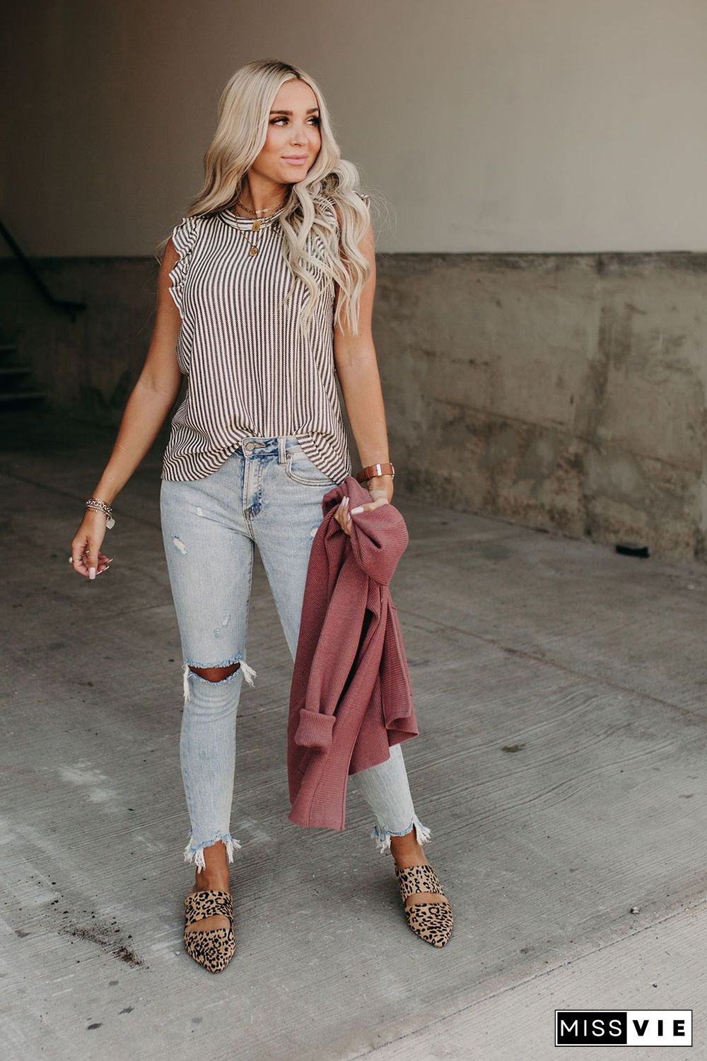 Gray Crew Neck Ruffled Striped Tank Top