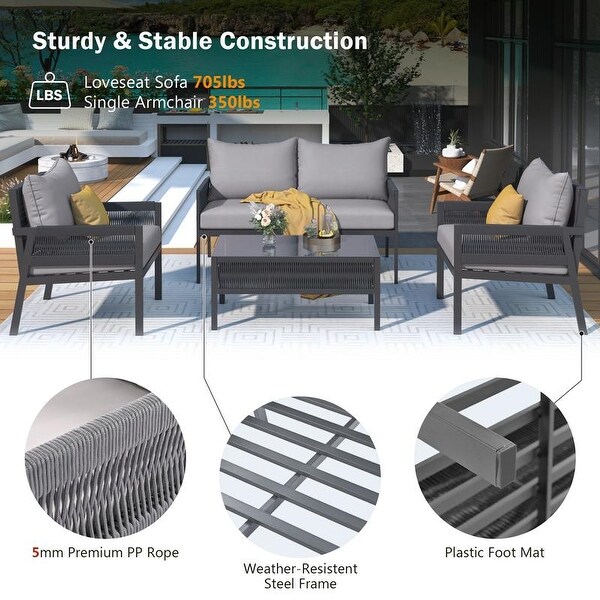 4Piece Patio Conversation Set with Tempered Glass Table，Outdoor Loveseat Chair Set with Thick Cushion for Backyard，Grey