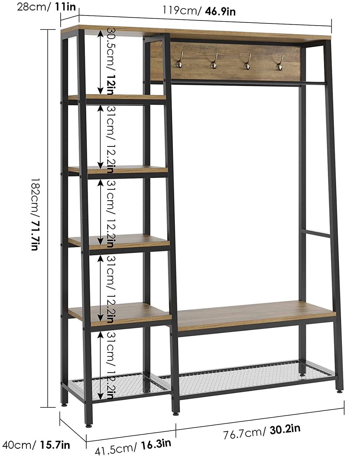 Homfa Closet Rack, 3 In 1 Metal Hall Tree, Free Standing Closet Organizer with Shelves and Shoe Rack, Rustic Brown