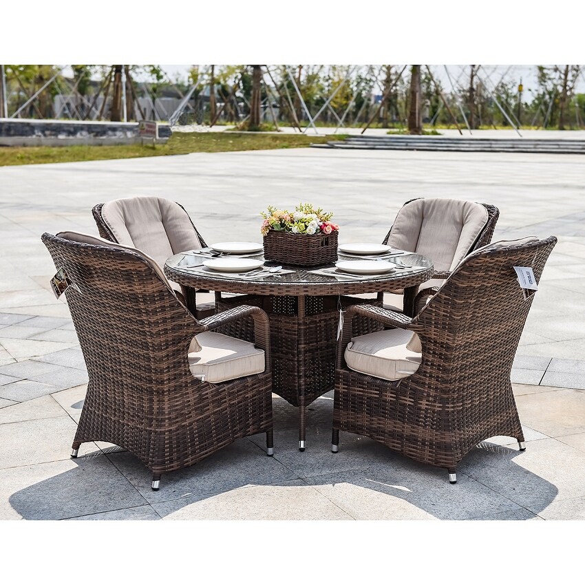 Moda 5 Piece Patio Wicker Round Dining Table Set with Cushions