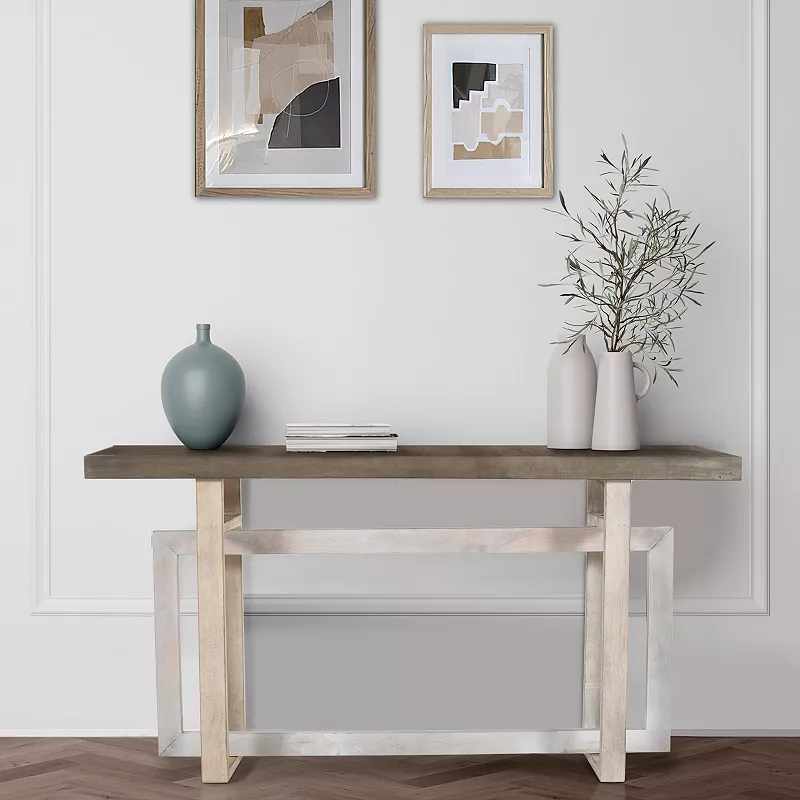 59 Inch Artisan Sideboard Console Table With Geometric Interlocked Base， Distressed Matte Gray