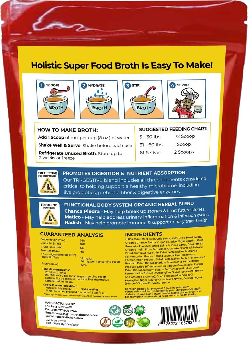 The Petz Kitchen Holistic Super Food Broth Stone Breaker Support Beef Flavor Concentrate Powder Dog and Cat Supplement， 4.5-oz bag