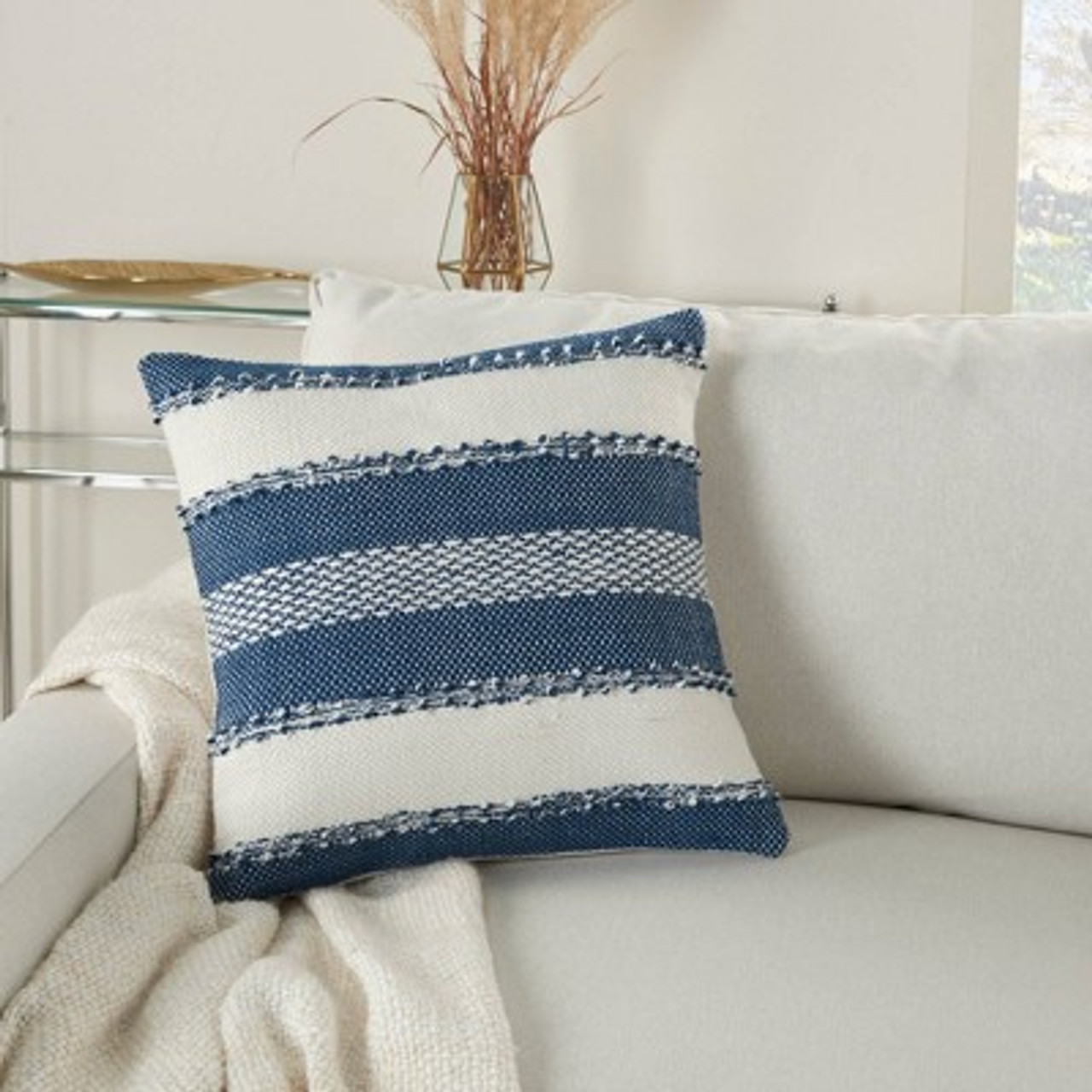 18x18 Woven Striped and Dots Indoor/Outdoor Square Throw Pillow Navy - Mina Victory