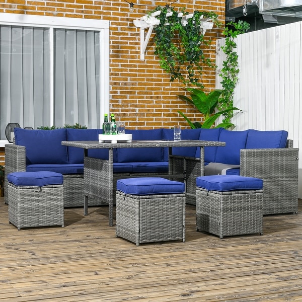 Outsunny 7 PCs Patio Wicker Furniture Set，Outdoor Sectional Furniture Conversation Sofa Set with Wood Grain Plastic Top Table