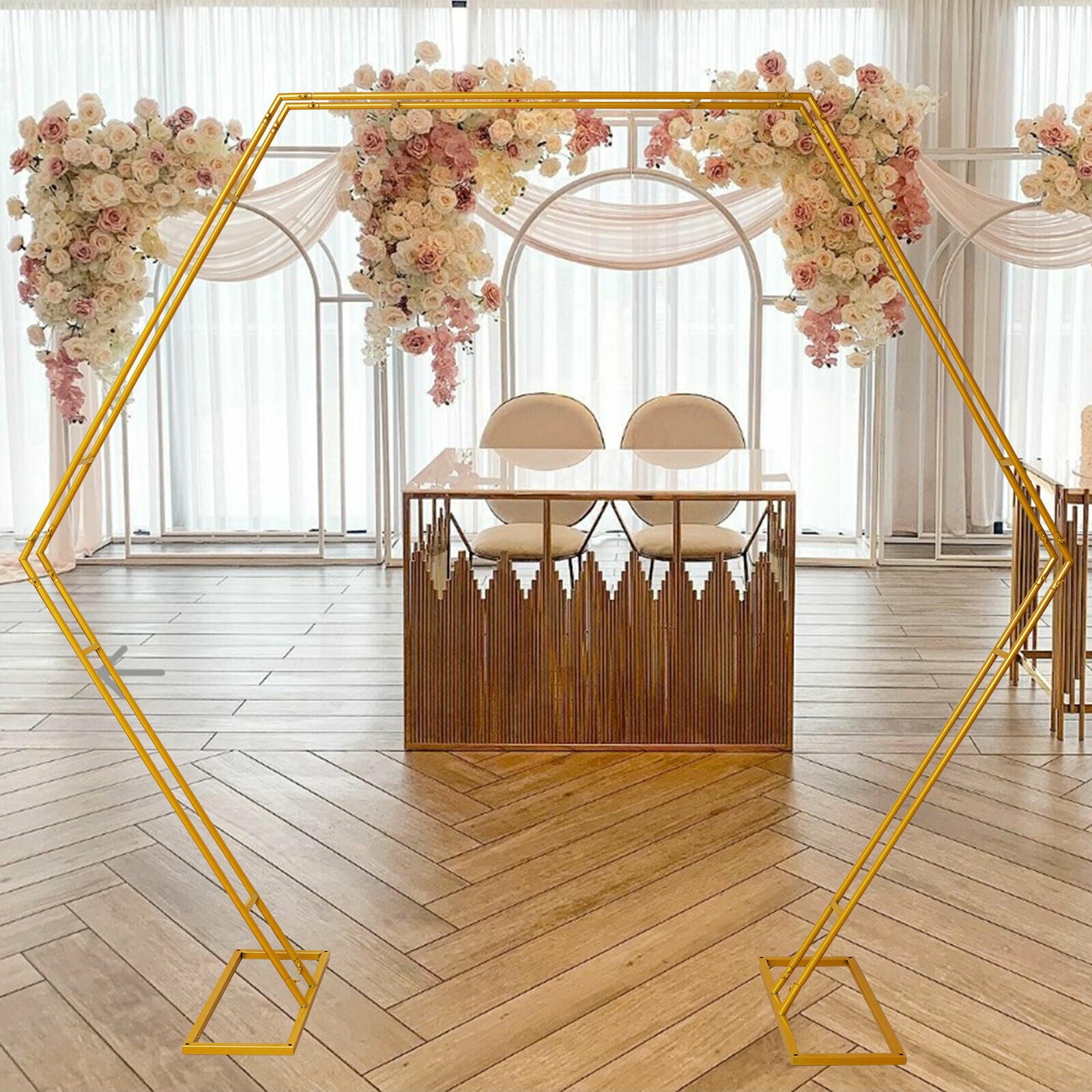 Miumaeov 8ft Gold Hexagon  Metal Arbors Photo Booth Decor Wreath Backdrop Stand