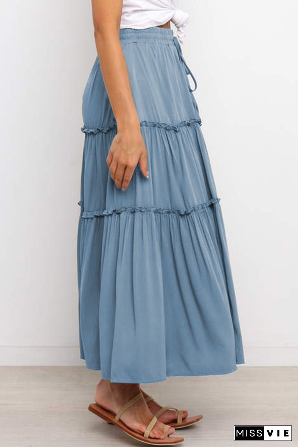 Blue Solid Layered Ruffled Drawstring High Waist Maxi Skirt