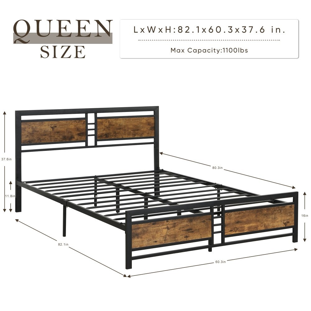 Metal Platform Bed Frame with Wood Headboard and Footboard