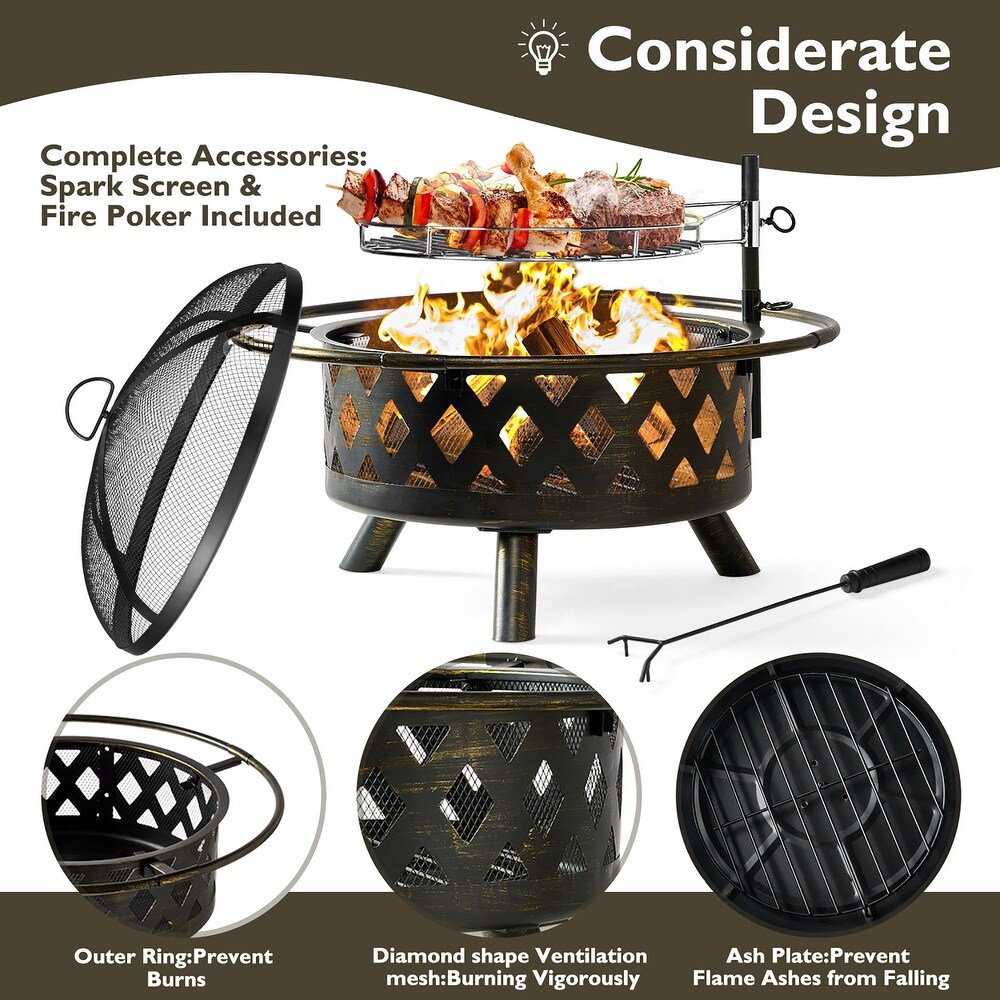 Aoxun 2 in 1 Fire Pit with Grill Outdoor Wood Burning