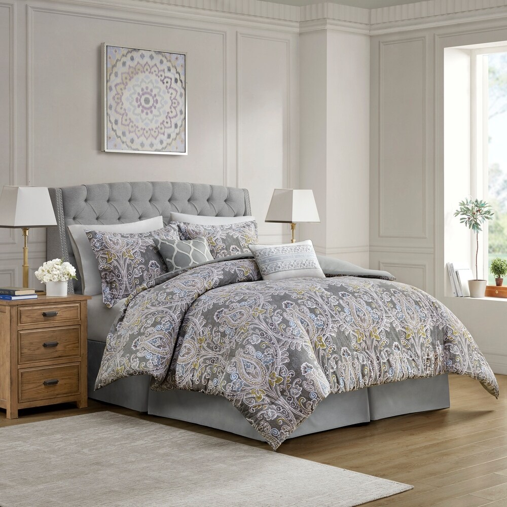 Harbor House Hallie 6 piece Grey Damask Pattern Cotton Comforter Set