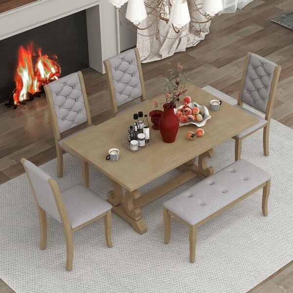 Wood Dining Table Set w/Trestle Table， 4 Upholstered Chairs and Bench， 6-Piece Set